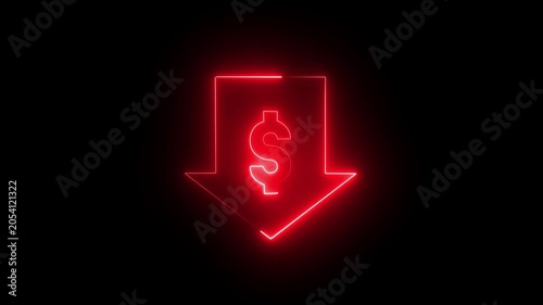 Dollar with arrow neon icon on black background 4k motion video animation.