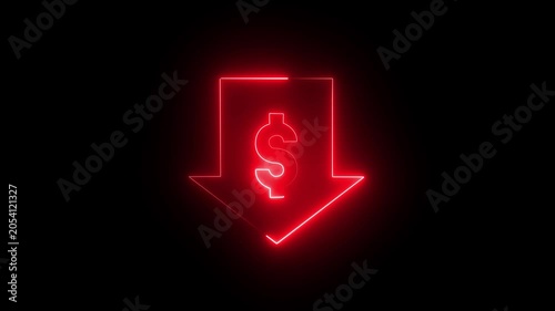 Dollar with arrow neon icon on black background 4k motion video animation.