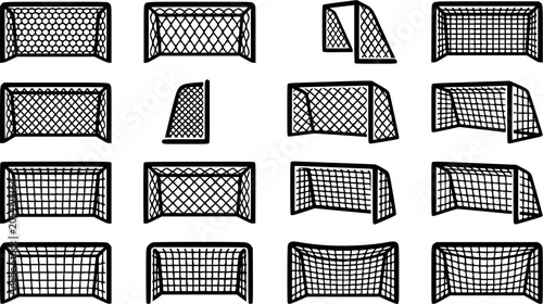 Football goal net silhouette icon set, flat black glyph style, pure white background
