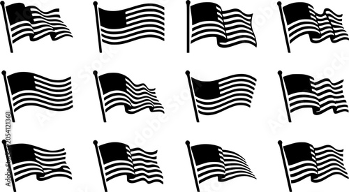 Waving USA flag silhouette icon set, flat black glyph style, pure white background
