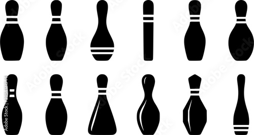 Bowling pins silhouette icon set, flat black glyph style, pure white background