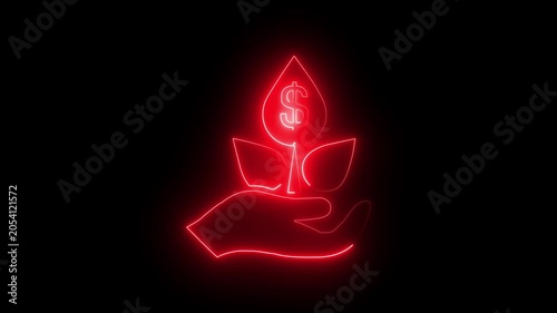 Neon purple hand holding water drops with gear icon and glowing effect on black background 4k motion video animation.