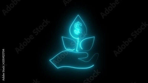 Neon purple hand holding water drops with gear icon and glowing effect on black background 4k motion video animation.