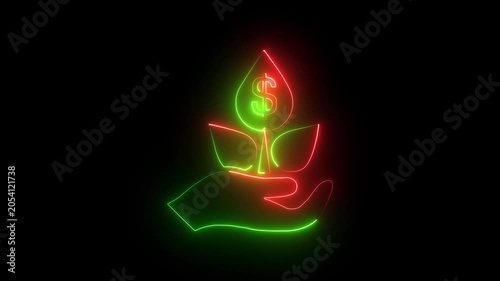 Neon purple hand holding water drops with gear icon and glowing effect on black background 4k motion video animation.