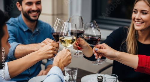 Friends clinking wine glasses together in celebration for a joyful gathering