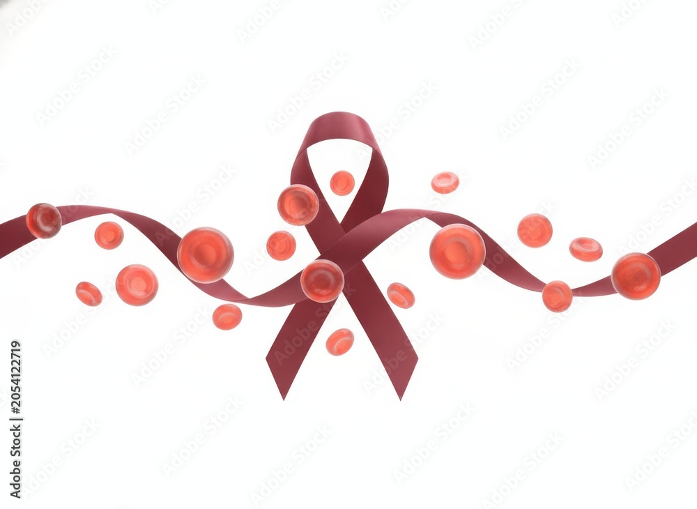 Fototapeta premium Red Ribbon Symbol with Floating Red Blood Cells on White Background