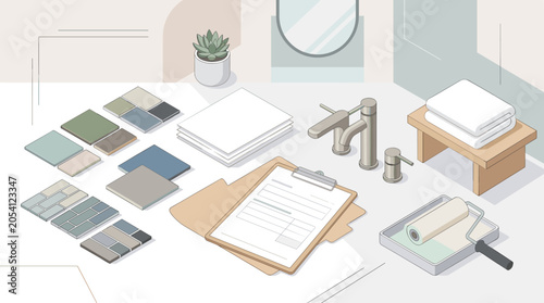 An isometric interior design workspace featuring bathroom renovation samples, tiles, faucet, roller, and clipboard. Perfect for home improvement, architectural planning, and design concepts.