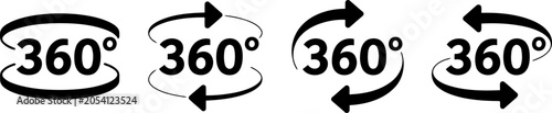 Four black 360 degree rotation icons with arrows on white 360 degrees circular arrow