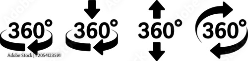 Four black 360 degree rotation icons with different arrow styles on white background