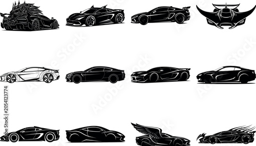 Collection of futuristic and sleek sports cars with wings isolated illustration