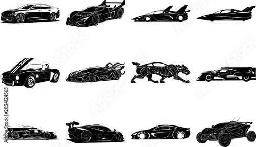 Collection of futuristic sports cars and concept vehicles with sleek designs