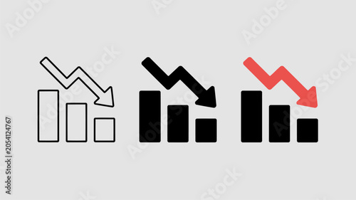 Icons showing a downward trending bar chart with arrows in black and red graph decline