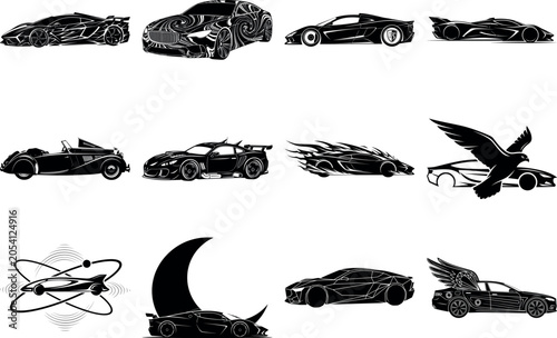 Collection of stylish sports cars and unique artistic vehicle illustrations isolated