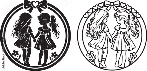 Two little girls holding hands silhouette and line art circle frame with ribbon and flowers