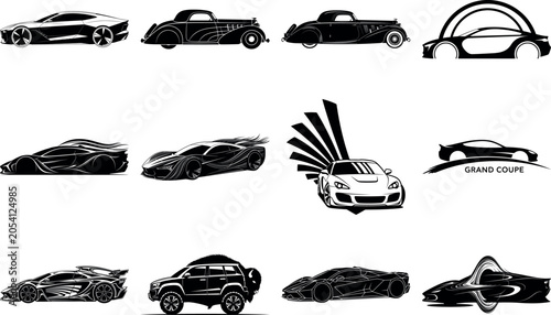Collection of stylish vintage and modern sports cars illustrated design