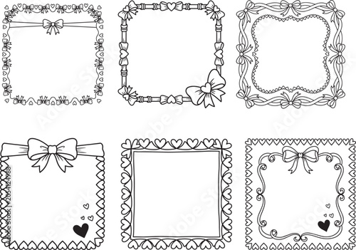 Cute hand drawn square borders set with ribbons and hearts for coloring page template