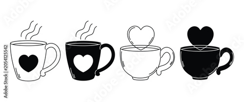 фотографія Heart Coffee Mug Icon Set – Love Hot Drink, Tea Cup & Cafe Beverage Vector Colle