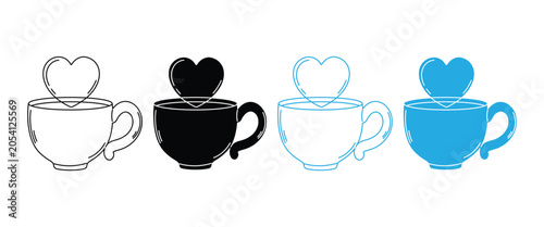 фотографія Heart Coffee Mug Icon Set – Love Hot Drink, Tea Cup & Cafe Beverage Vector Colle