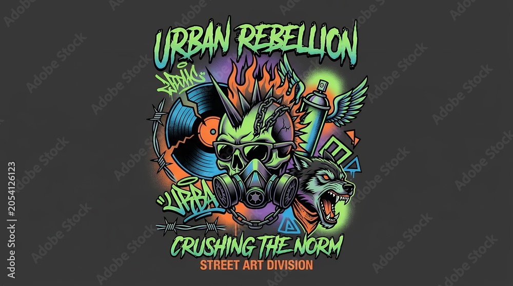Fototapeta premium Urban rebellion street art with skull and wolf