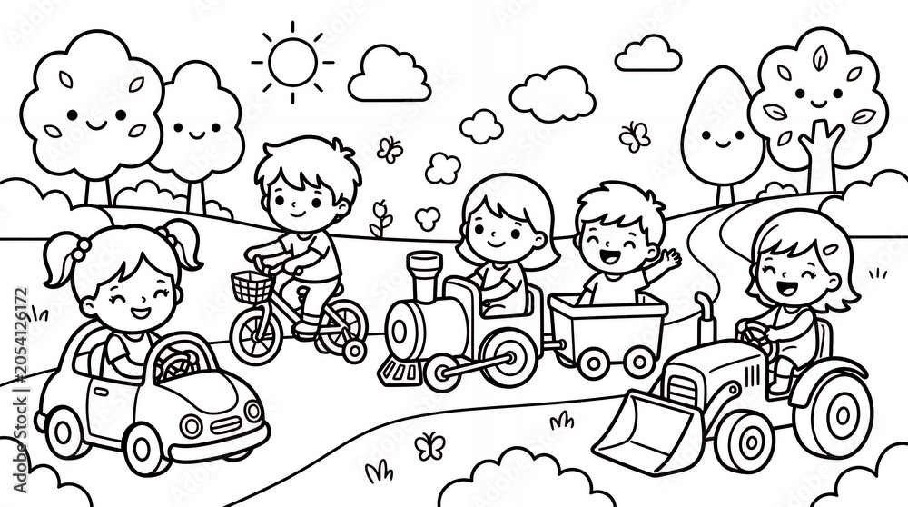 Fototapeta premium Children playing with toy vehicles in a sunny park