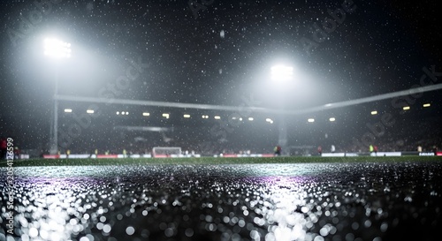 Rain falling on a wet soccer field at night under stadium lights