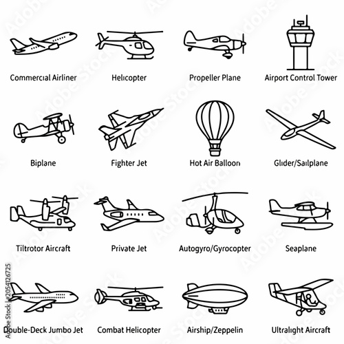 Collection of Sixteen Diverse Aircraft and Aviation Line Icons