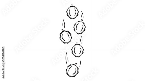 Minimalist line art illustration of falling durian fruits isolated on white background