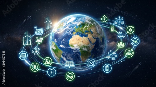 Earth surrounded by sustainable energy and eco friendly technology icons in space