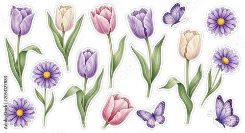 Colorful tulip flowers and butterflies sticker collection.