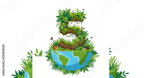 Earth and Number 5 Symbol with Lush Greenery, Wildlife, and Nature Elements