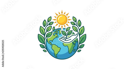 Earth planet with sun, leaves, and helping hand. Ecology, conservation, growth concept.