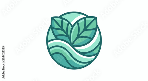 Abstract Nature Logo: Green Leaves and Waves in Circle