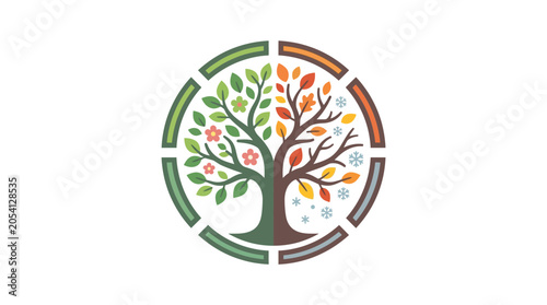 Circle of Seasons Tree Icon: Spring, Summer, Autumn, Winter Cycle