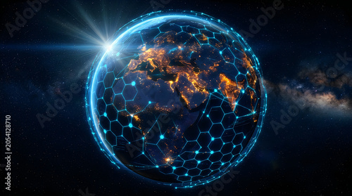 Global network connectivity earth with digital data stream overlay