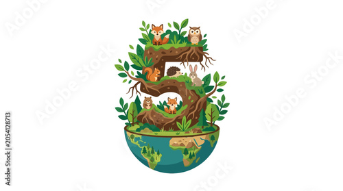 Cute Forest Animals on Earth-Shaped Tree, Number 5 Illustration