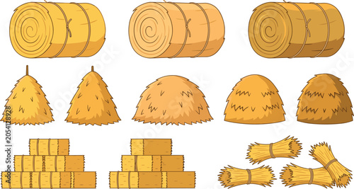 Fotografía Hay Bale and Straw Stack Collection Featuring Round Bales Haystacks and Bundled