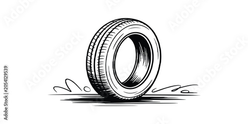 Fotografie Hand drawn detailed sketch of a car tire resting on the ground with shading vector illustration