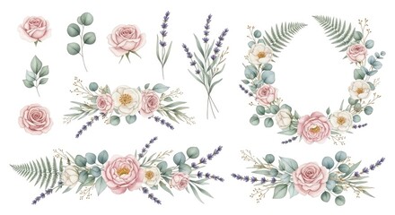 Romantic watercolor floral wreaths and decorative border arrangements.