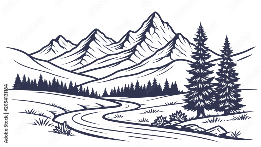 Fototapeta premium Serene mountain wilderness landscape with river and pine forest, mountain