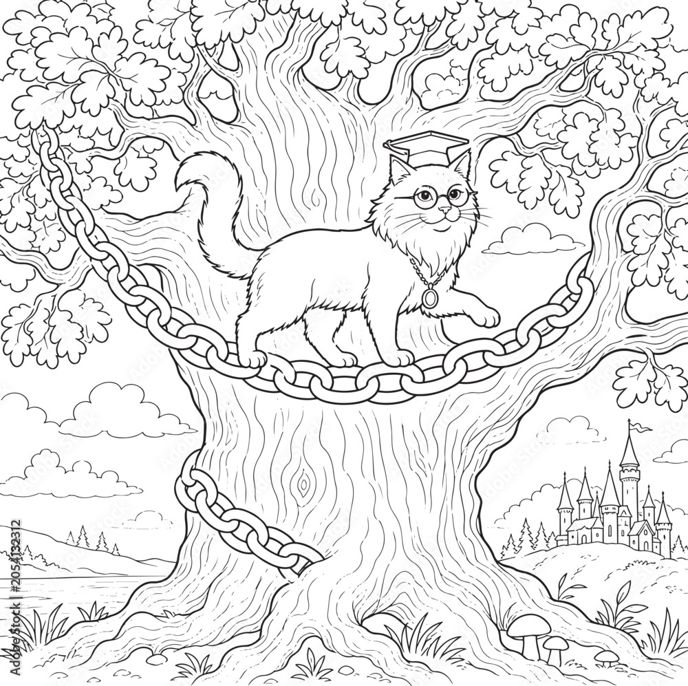 Obraz premium Whimsical Cat Wearing Graduation Cap and Glasses on Tree Branch with Chains