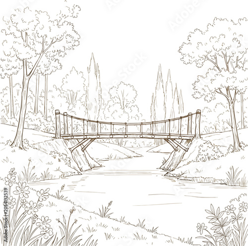 Wooden Suspension Bridge Crossing a Stream in a Lush Forest