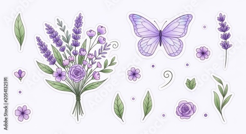 Lavender bouquet and purple butterfly sticker set for craft.