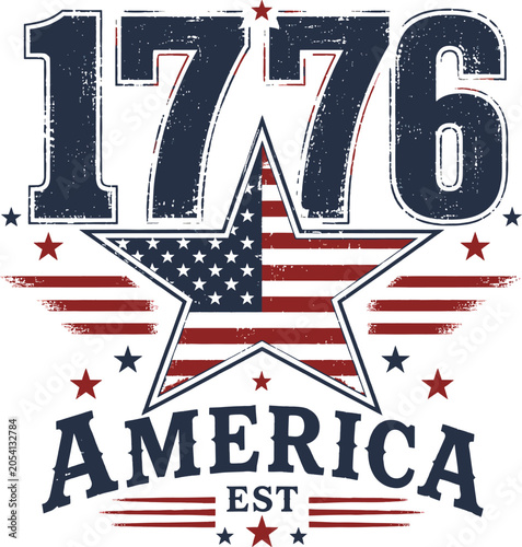 1776 America Star Emblem with US Flag Elements and Distressed Texture