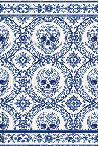 Blue and White Skull Pattern Tile Design
