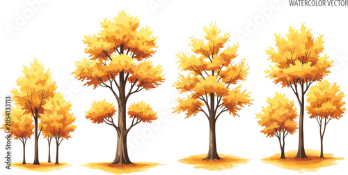 Schilderij op canvas Watercolor Golden Autumn Tree Vector Set with Yellow and Orange Foliage Clones f