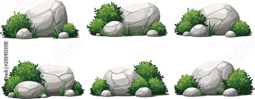 Schilderij op canvas Vector Rock and Bush Set Featuring Large Grey Stones, Green Garden Shrubs, Grass