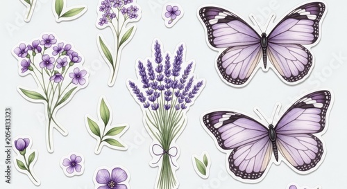 Lavender flowers and purple butterfly watercolor stickers set.