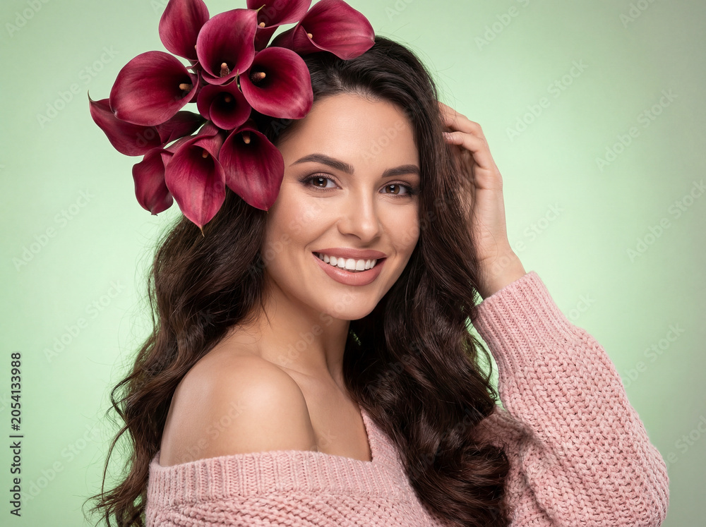 Naklejka premium Young Woman in Burgundy Dress Holding Flower Bouquet Outdoors, Rear and Side View