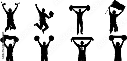 Foto Sports fan silhouettes collection celebrating victory with flags pom poms and en