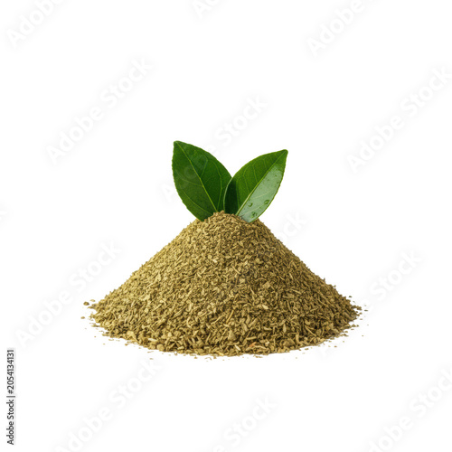 Perfectly centered finely textured dry yerba mate tea mound with two glossy fresh emerald green leaves, on a pure matte white background. Concept for natural herbal product purity